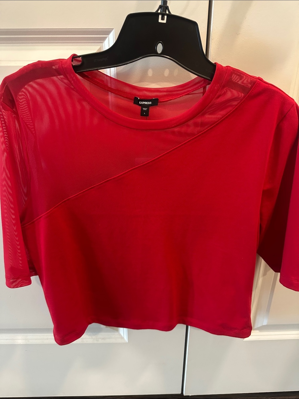 Express Red Cropped Mesh Accent Tee